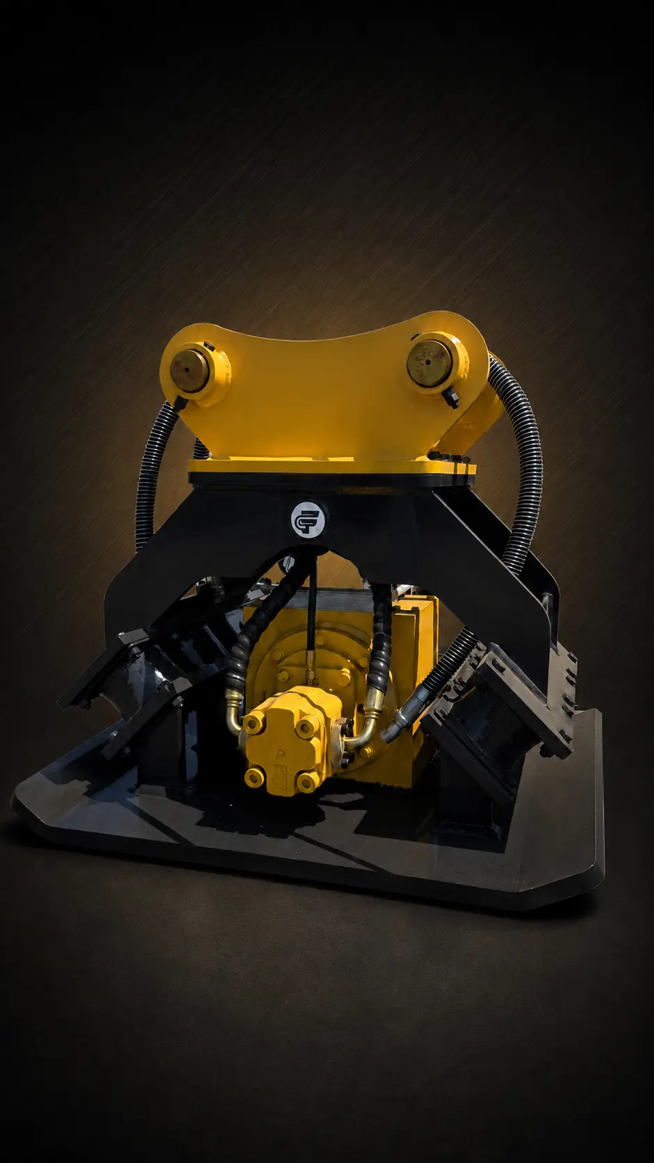 Pin-on hydraulic plate compactor with yellow mounting bracket and black base plate