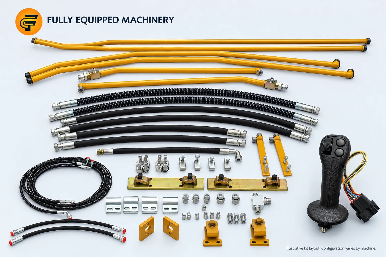 FEM proportional auxiliary hydraulic kit laid out: hard lines, hoses, valve plates, brackets, fittings and a proportional joystick